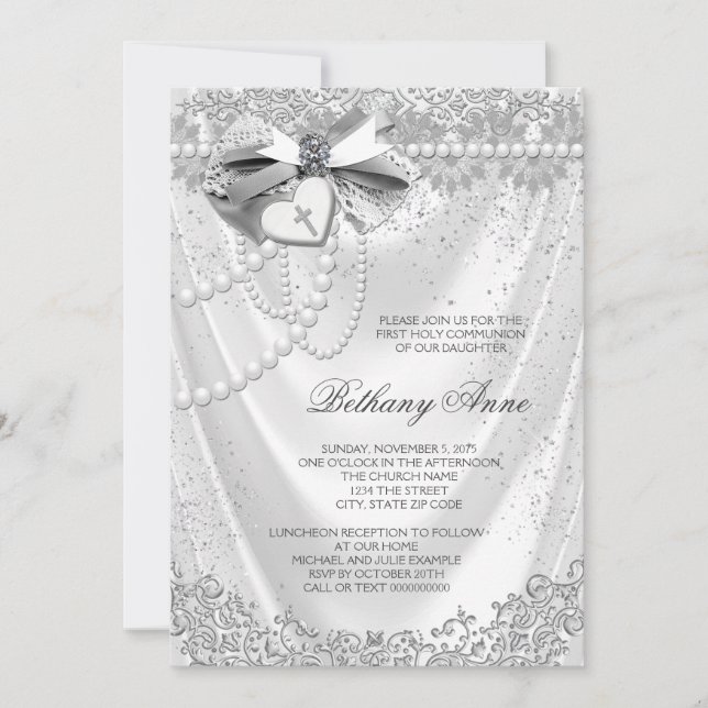 Girls White Satin First Communion Invitation (Front)