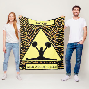 Girls "Wild About Cheer" Gold Black Yellow Zebra Fleece Blanket