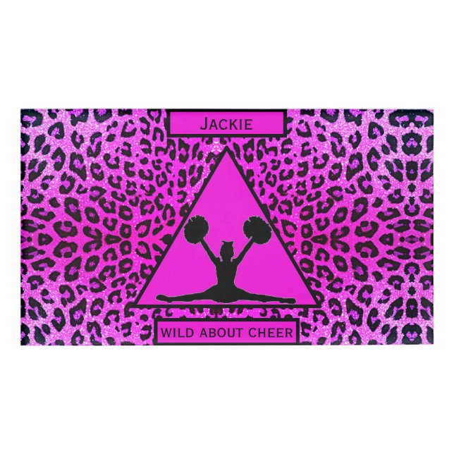 Girls "Wild About Cheer" Pink Leopard   Name Tag (Front)