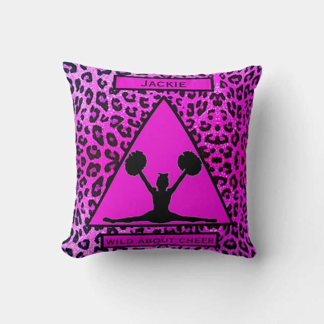 Girls "Wild About Cheer" Pink Leopard   Throw Pillow (Front)