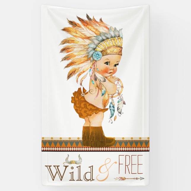 Girls Wild and Free Tribal Boho Baby Shower Banner (Vertical)
