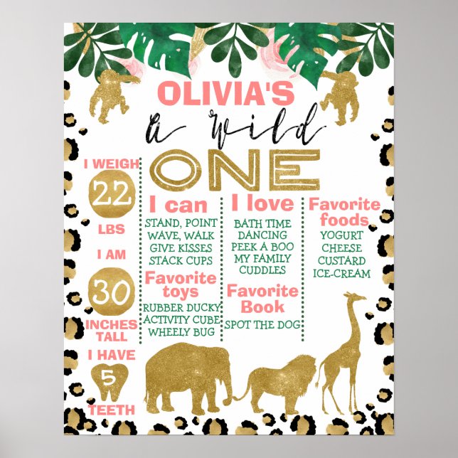 Girls Wild One Safari Themed Milestone Poster (Front)