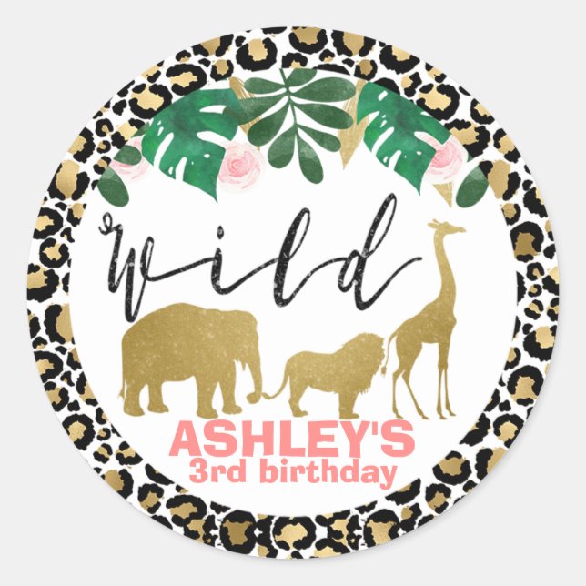 Girls Wild Safari Themed Birthday Sticker (Front)