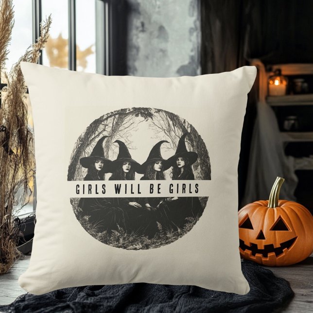 "Girls Will Be Girls | Cute Witch-Themed Halloween Throw Pillow (Creator Uploaded)