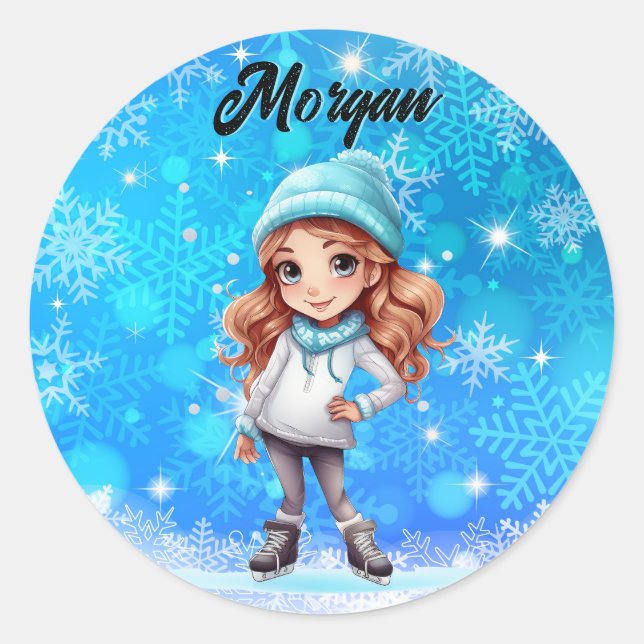 Girls Winter Ice Skate Figure Skate Snowflake Classic Round Sticker (Front)