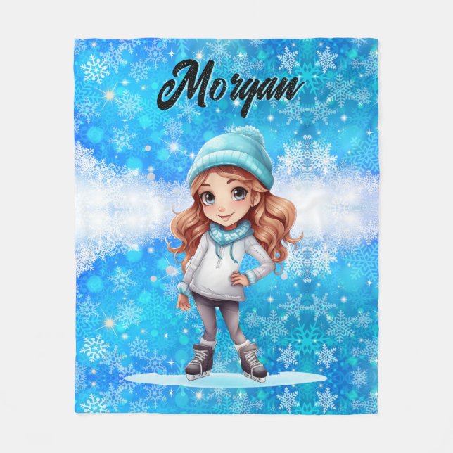 Girls Winter Ice Skate Figure Skate Snowflake Fleece Blanket (Front)