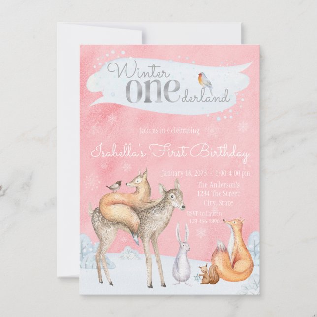 Girls Winter ONEderland 1st Birthday Invitations (Front)