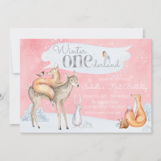 Girls Winter ONEderland Woodland First Birthday Invitation (Front)
