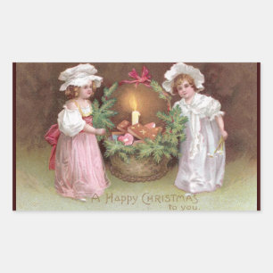 Girls with Basket of Christmas Cookies Vintage Sticker