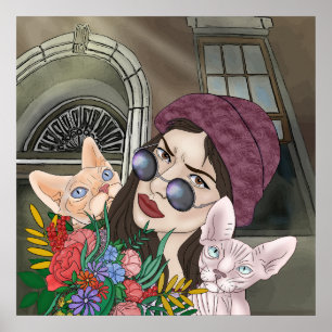 Girls with cats Print, Value Poster Paper (Matte)