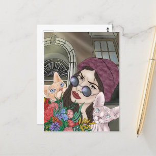 Girls with cats Print, Value Poster Paper (Matte) Postcard