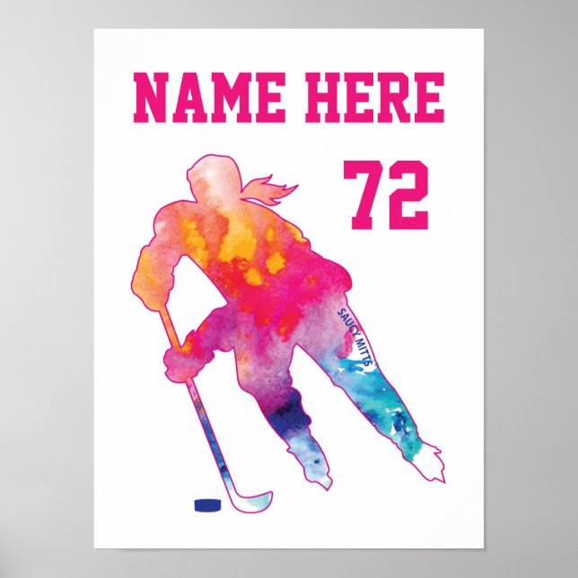 Girls Womens Personalized Hockey Player Watercolor Poster (Front)