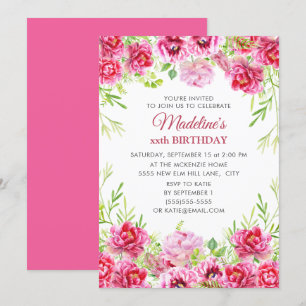 Girl's Women's Pink Floral Birthday Party  Invitation