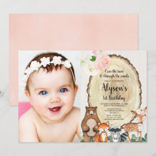 Girls woodland animals first 1st birthday photo invitation