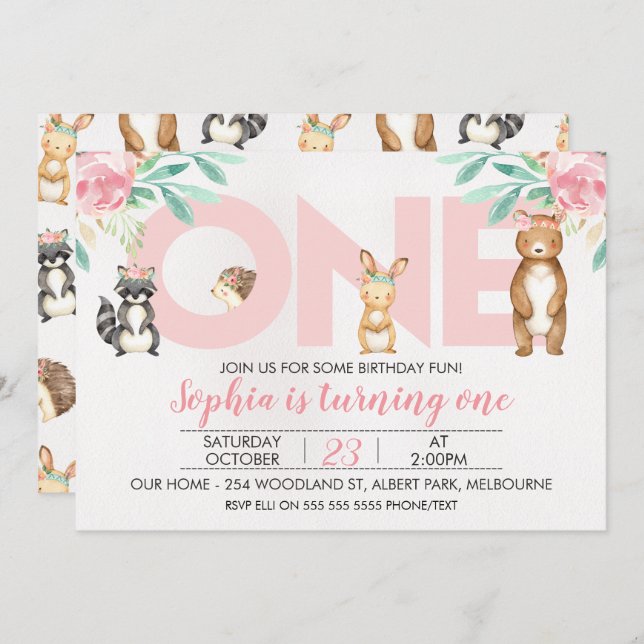 Girls Woodland Animals ONE 1st Birthday Invitation (Front/Back)