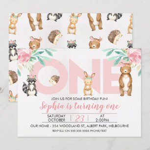 Girls Woodland Animals ONE 1st Birthday Invitation