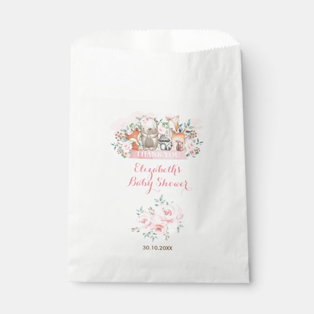 Girls Woodland Animals Pink Floral Birthday Party Favour Bag (Front)