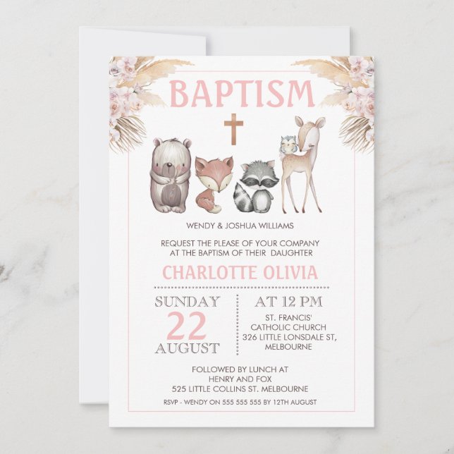 Girls Woodland Boho Floral Baptism Invitation (Front)