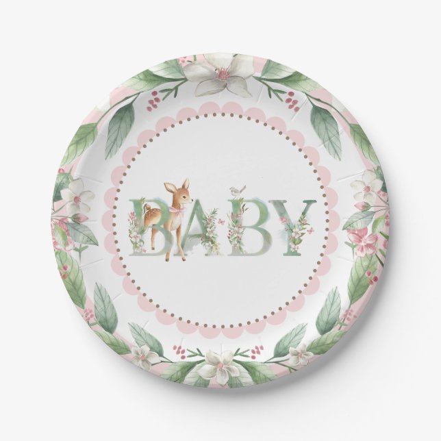Girls Woodland Deer Baby Shower Paper Plates (Front)