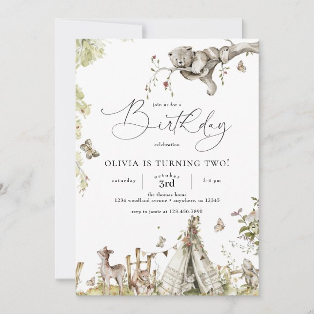 Girl's Woodland Forest Animals Birthday Invitation (Front)