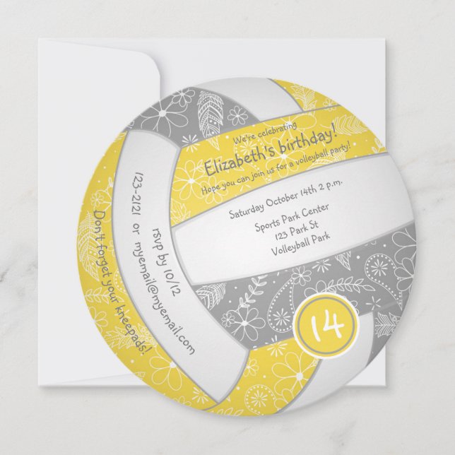 girls yellow grey boho volleyball birthday party announcement (Front)