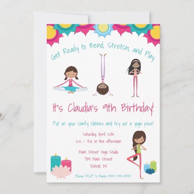 Girls Yoga Themed Birthday Party Invitation (Front)
