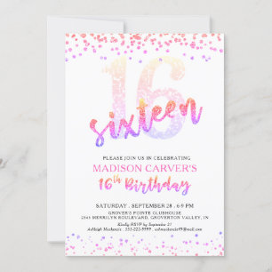 Girly 16th Birthday Pink Purple Glitter Confetti Invitation
