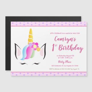 Girly 1st cute unicorn birthday party kids magnetic invitation