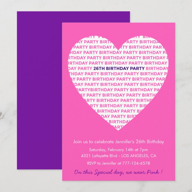 Girly 26th birthday invitation Girl Heart Pink (Front/Back)