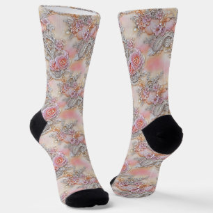 Girly 3-D bedazzled silver and pink roses pattern Socks