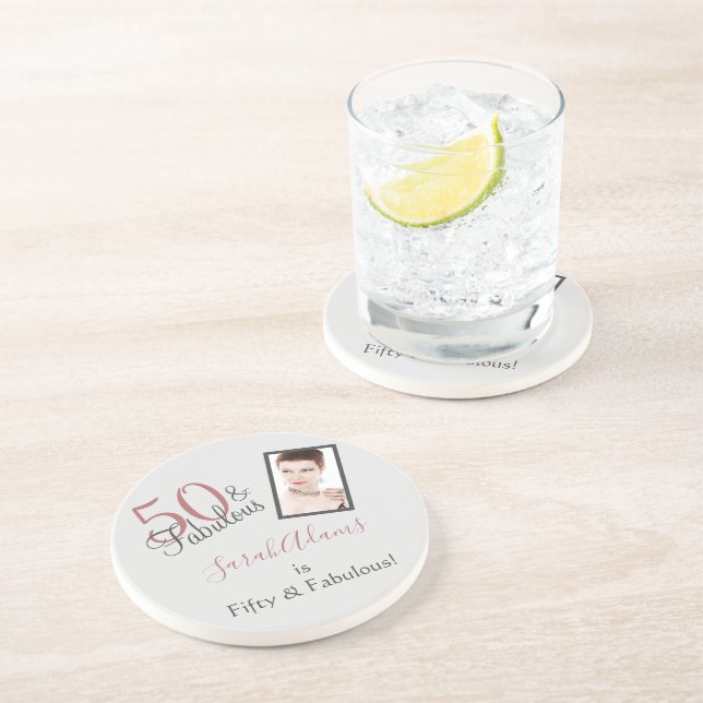 Girly 50 & Fabulous Birthday Rose Gold Photo Coaster (Side)