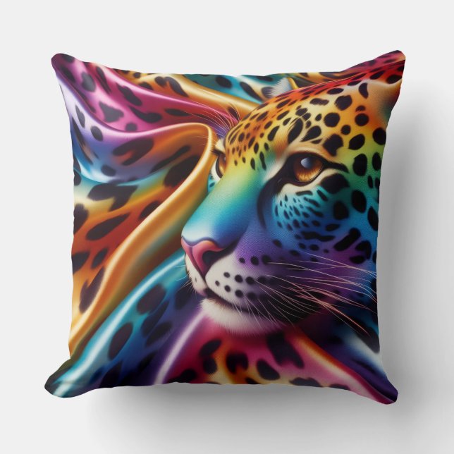 Girly Accents | Rainbow Leopard Print Throw Pillow (Front)
