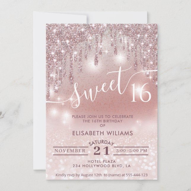 Girly adorable rose gold glittery drips ombre invitation (Front)