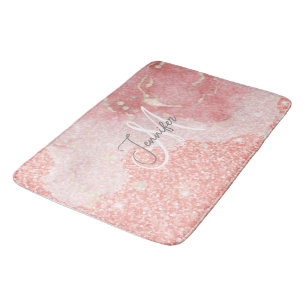 Girly Agate Pink Glitter Blush Monogram  Bath Mat