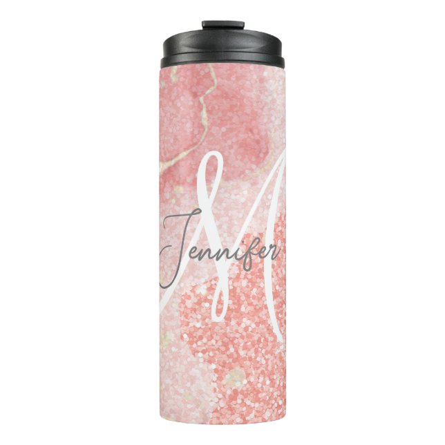 Girly Agate Pink Glitter Blush Monogram  Thermal Tumbler (Front)