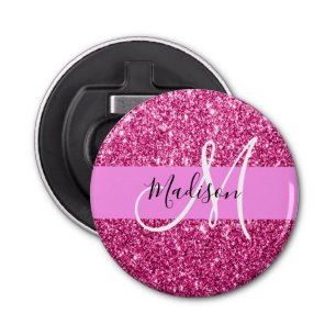 Girly and Glam Hot Pink Glitter Sparkles Monogram Bottle Opener