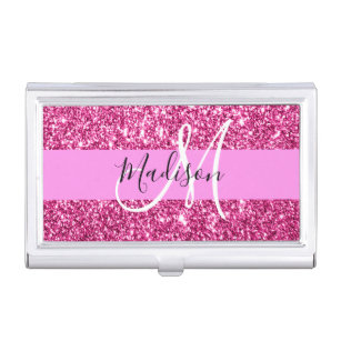 Girly and Glam Hot Pink Glitter Sparkles Monogram Business Card Holder