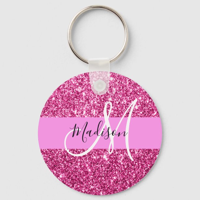 Girly and Glam Hot Pink Glitter Sparkles Monogram Keychain (Front)