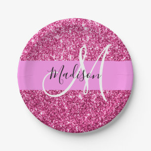 Girly and Glam Hot Pink Glitter Sparkles Monogram Paper Plate