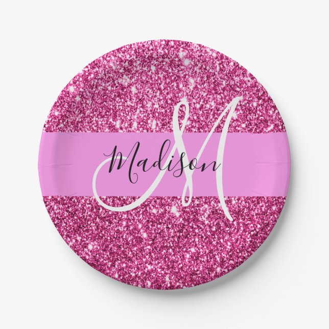 Girly and Glam Hot Pink Glitter Sparkles Monogram Paper Plate (Front)
