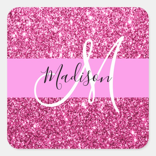 Girly and Glam Hot Pink Glitter Sparkles Monogram Square Sticker (Front)