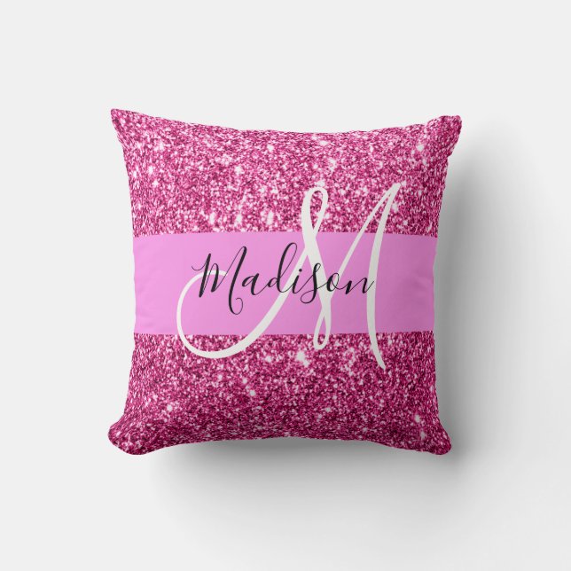 Girly and Glam Hot Pink Glitter Sparkles Monogram Throw Pillow (Front)