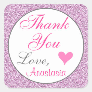 Girly and Glam Pink Lilac Purple Glitter Thank You Square Sticker
