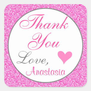 Girly and Glam Princess Hot Pink Glitter Thank You Square Sticker