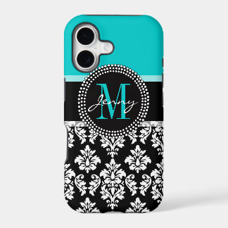Girly Aqua Black Damask Your Monogram Name