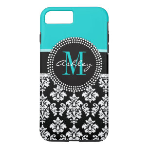 Girly Aqua Black Damask Your Monogram Name iPhone 8 Plus/7 Plus Case
