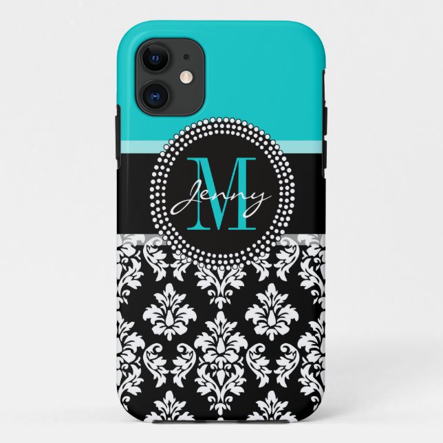 Girly Aqua Black Damask Your Monogram Name Case-Mate iPhone Case (Back)