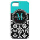 Girly Aqua Black Damask Your Monogram Name