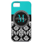 Girly Aqua Black Damask Your Monogram Name
