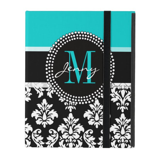 Girly Aqua Black Damask Your Monogram Name iPad Case (Front Closed)